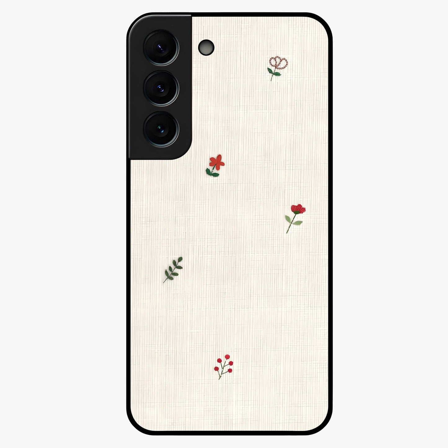 Minimal Petal Whispers Glass Case showing flat back view with soft minimal floral artwork and glossy glass finish.