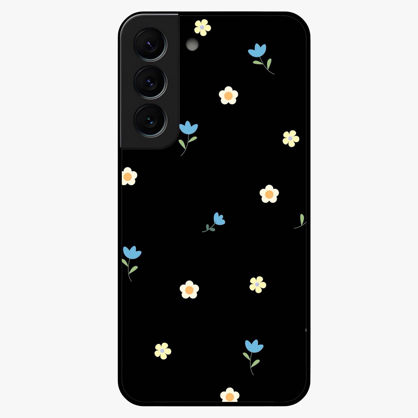 Minimalistic Blue With White Flower Pattern Glass Case showing flat back view with blue background and white flower pattern and glossy glass finish.