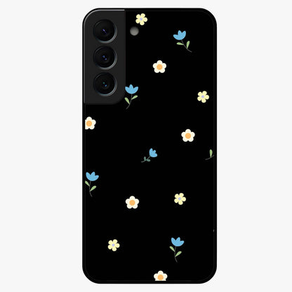 Minimalistic Blue With White Flower Pattern Glass Case showing flat back view with blue background and white flower pattern and glossy glass finish.