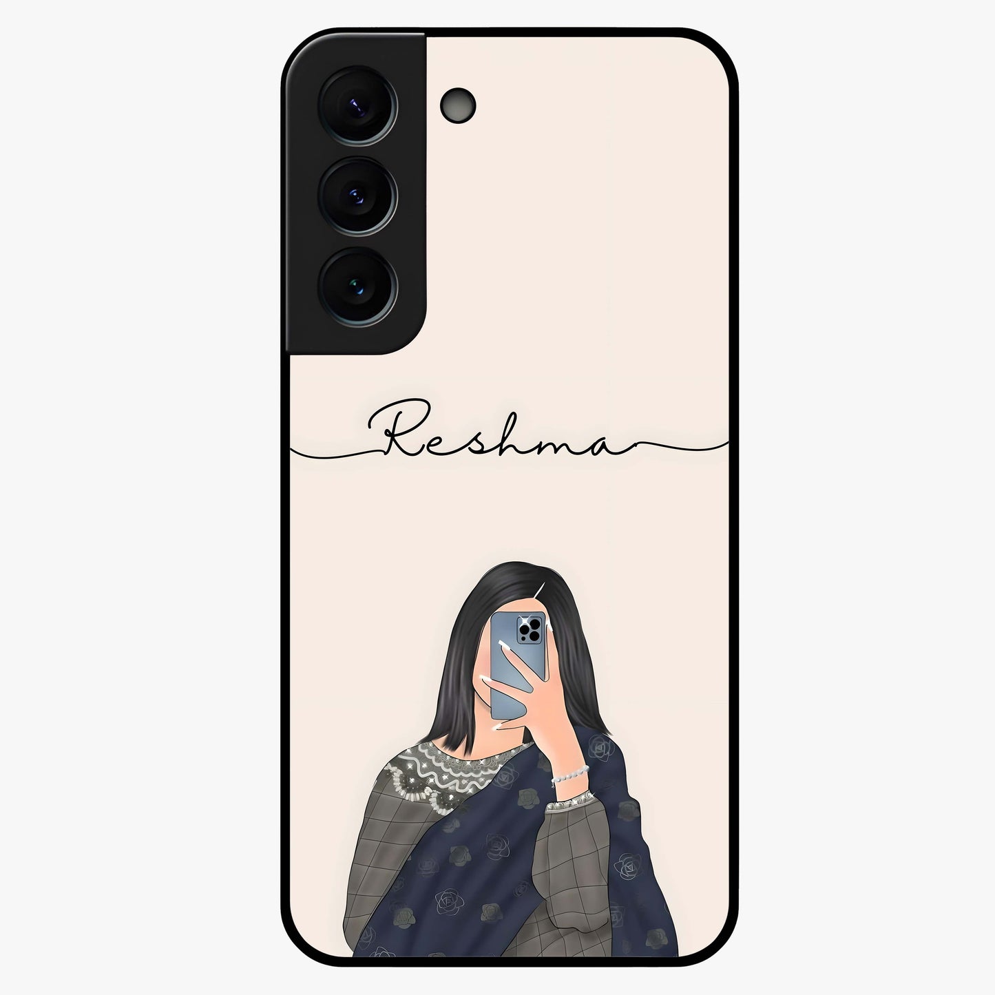Mirror Mood Muse With Custom Name Glass Case showing flat back view with stylish mirrored artwork and personalized name design.