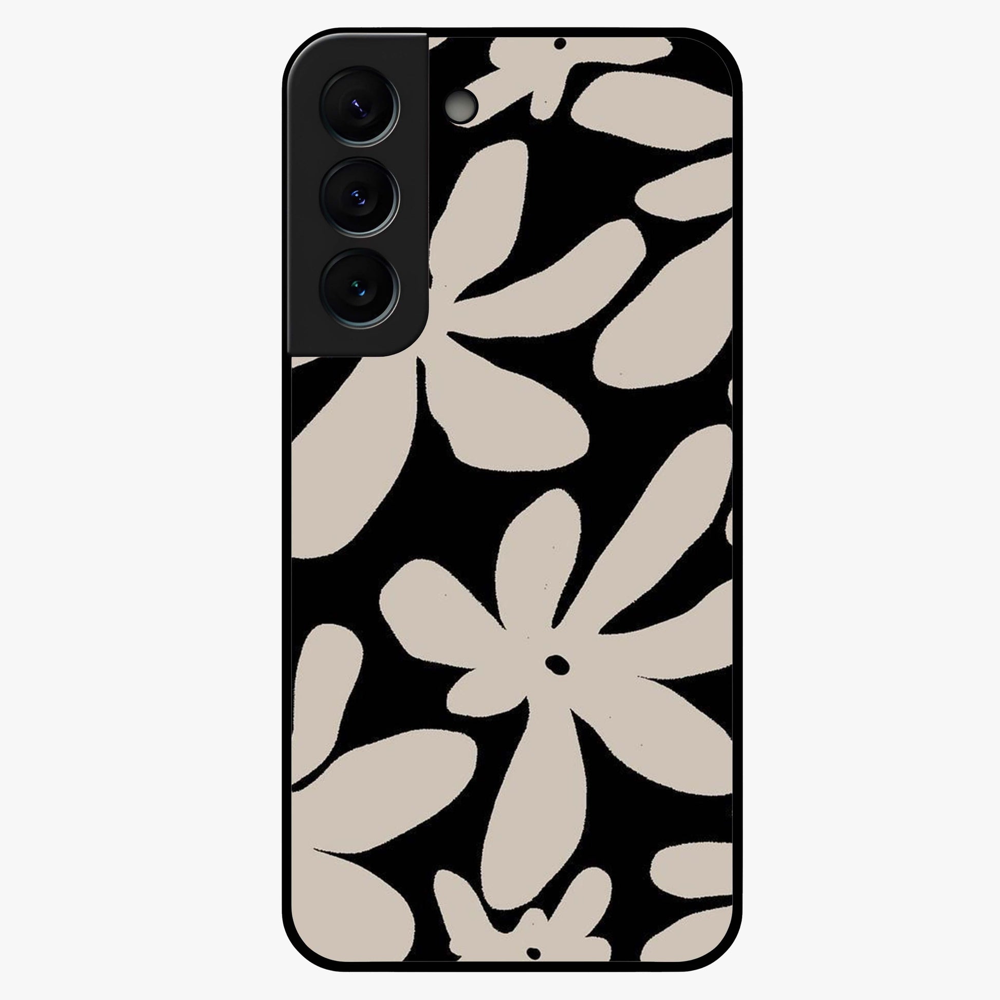 Monochrome Petal Dance Glass Case showing flat back view with monochrome floral artwork and glossy glass finish.