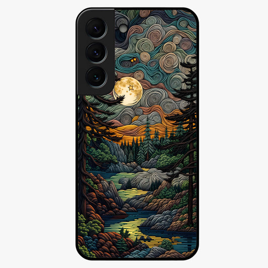 Moonlight Forest Dream Glass Case showing flat back view with mystical forest moonlight artwork and glossy glass finish.