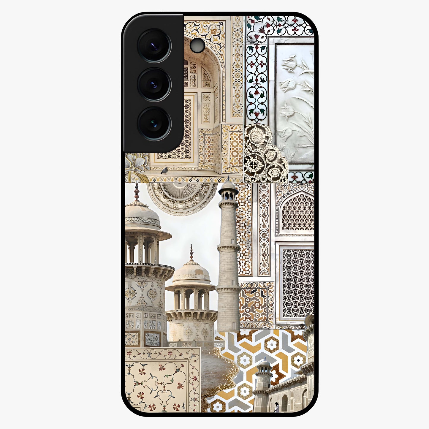 Mughal Marble Legacy Glass Case showing flat back view with intricate Mughal inspired marble pattern and glossy glass finish.