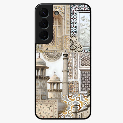 Mughal Marble Legacy Glass Case showing flat back view with intricate Mughal inspired marble pattern and glossy glass finish.