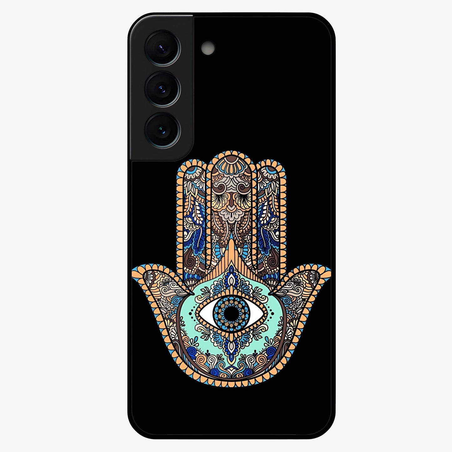 Mystic Hamsa Eye Glass Case showing flat back view with protective hamsa hand and evil eye artwork and glossy glass finish.