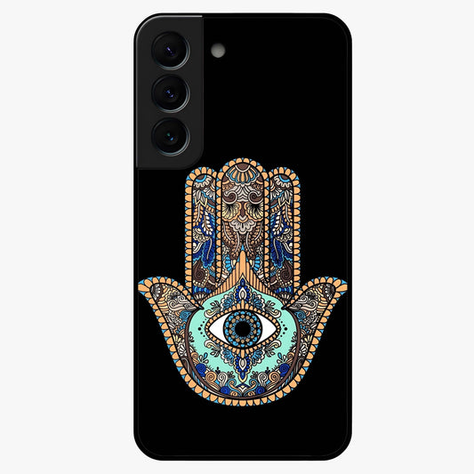 Mystic Hamsa Eye Glass Case showing flat back view with protective hamsa hand and evil eye artwork and glossy glass finish.