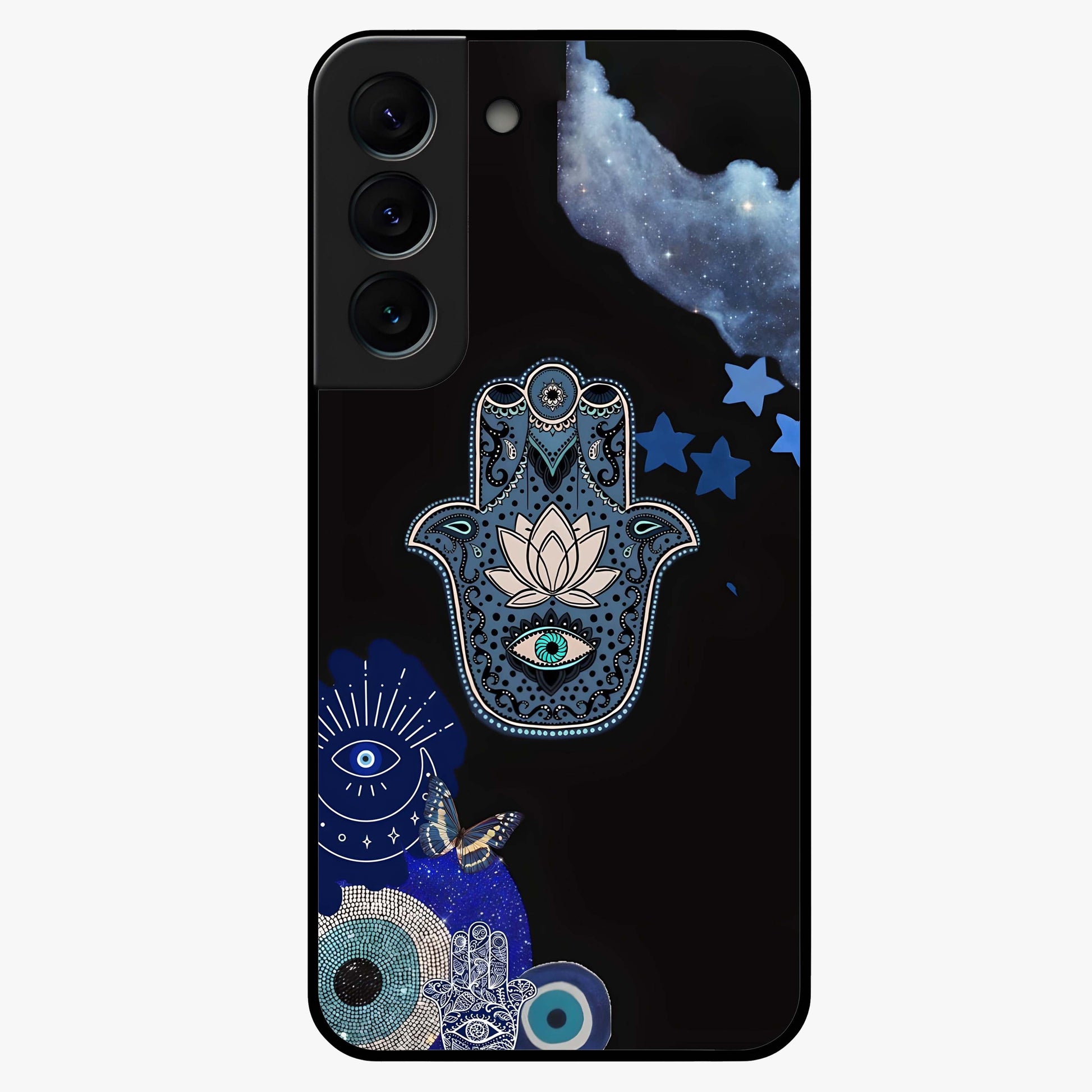 Mystic Hand Aura Glass Case showing flat back view with mystical hand symbol artwork and glossy glass finish.