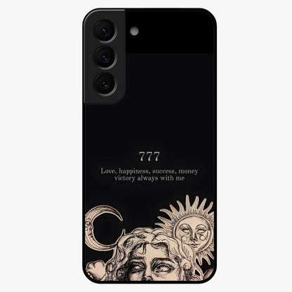 Mystic Victory Aura Glass Case showing flat back view with victory symbol artwork and glossy glass finish.