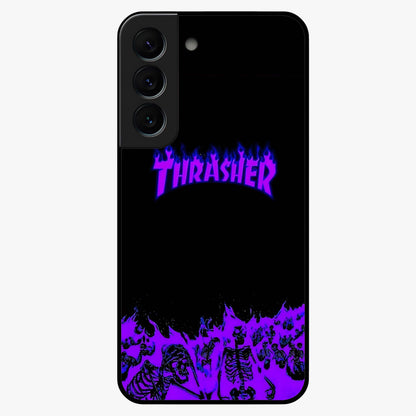 Neon Flame Riot Glass Case showing flat back view with neon flame artwork and glossy glass finish.