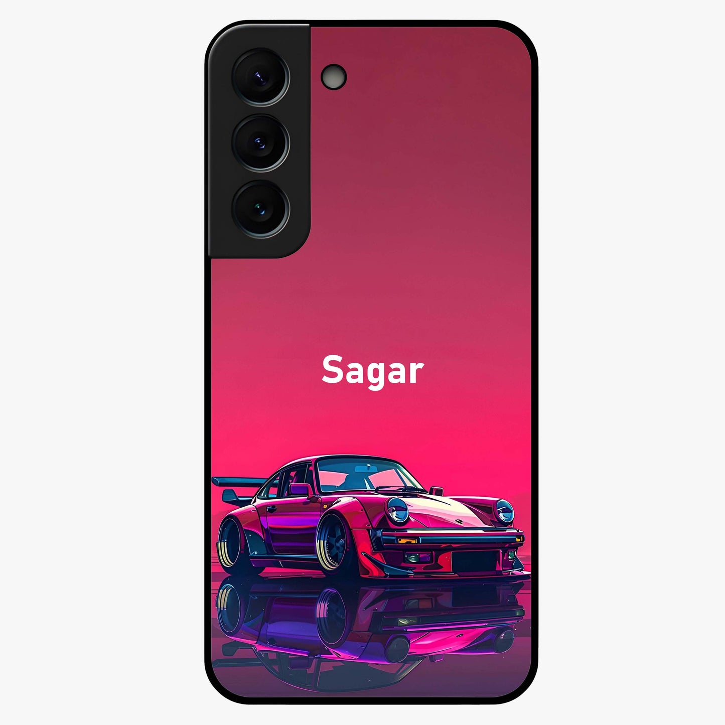 Neon Pink Porsche Glass Case showing flat back view with stylish sports car artwork and glossy glass finish.