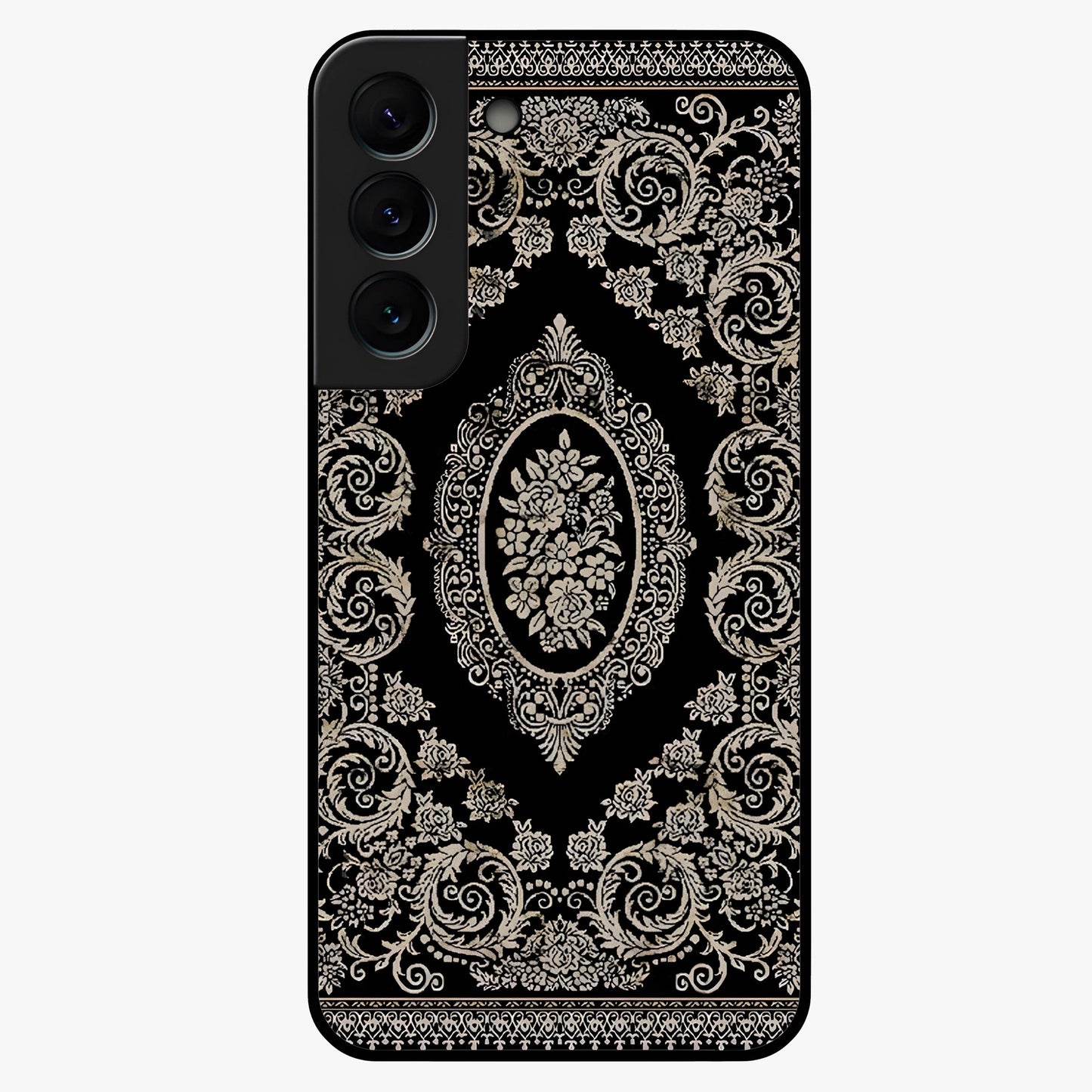 Noir Bloom Elegance Glass Case showing flat back view with elegant dark floral artwork and glossy glass finish.