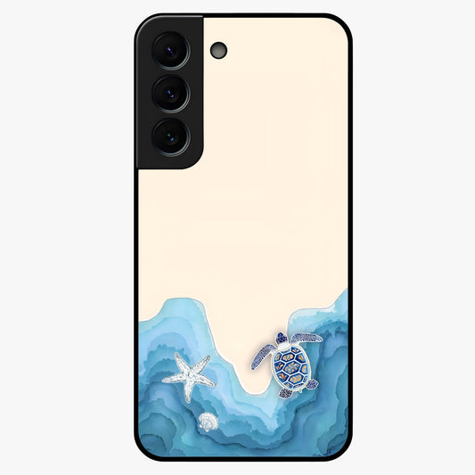 Ocean Drift Turtle Glass Case showing flat back view with sea turtle artwork and glossy glass finish.