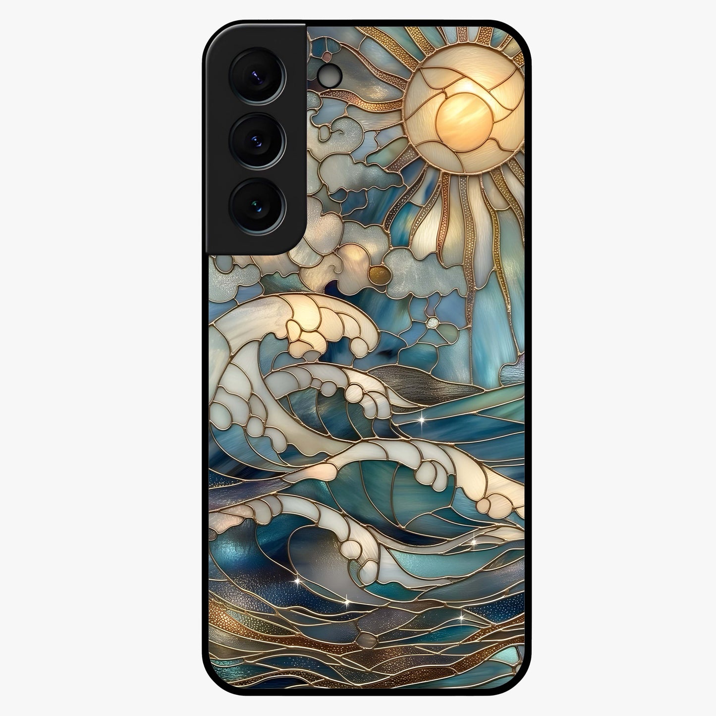 Oceanic Stained Printed Glass Case showing flat back view with ocean inspired stained pattern artwork and glossy glass finish.