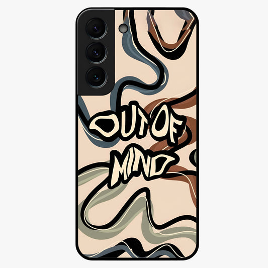 Out Of Mind Glass Case showing flat back view with expressive typography artwork and glossy glass finish.
