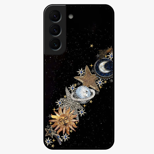 Pearls Universe Object Glass Case showing flat back view with pearl inspired cosmic artwork and glossy glass finish.