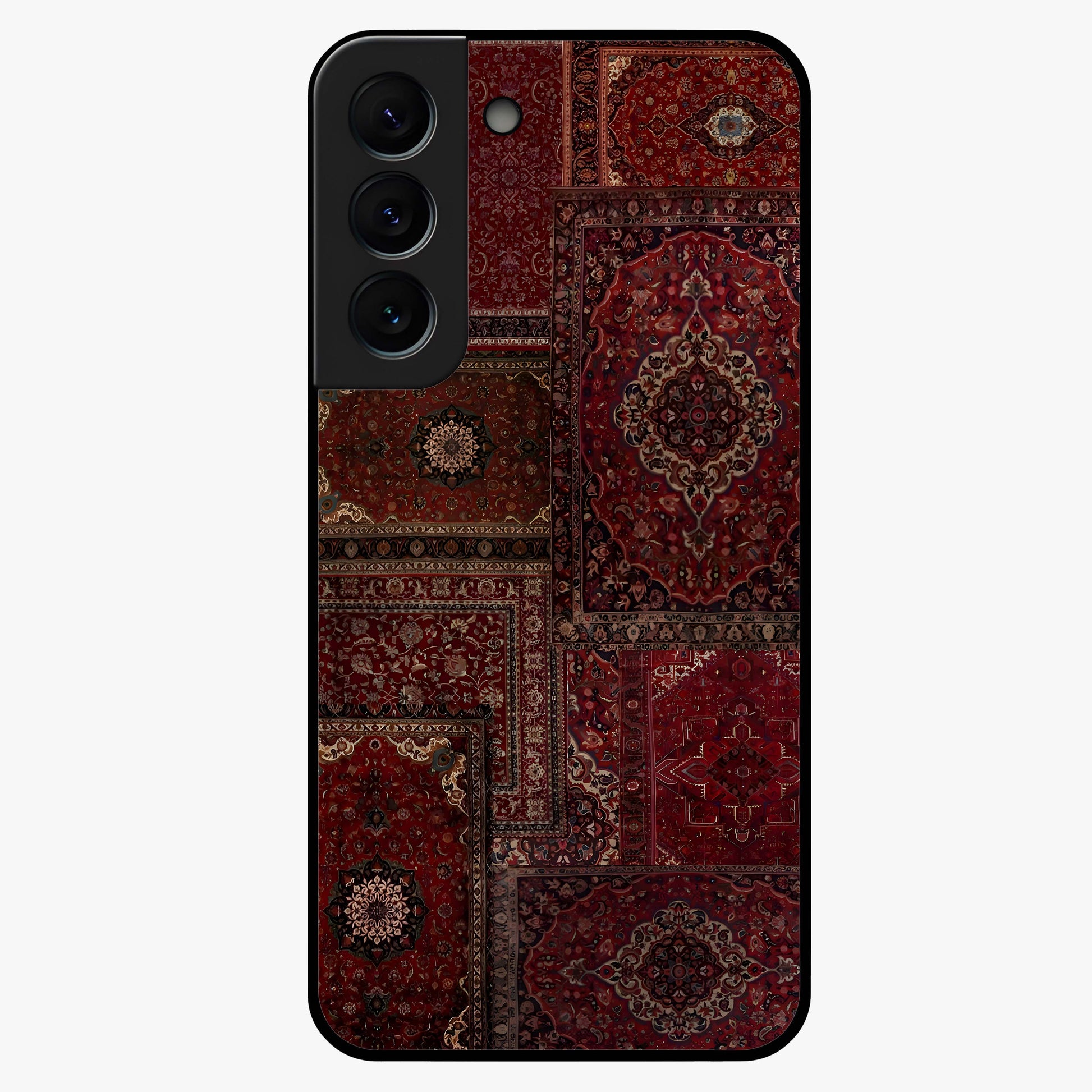 Persian Velvet Tale Glass Case showing flat back view with luxurious Persian velvet pattern artwork and glossy glass finish.