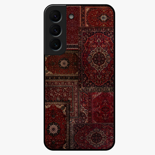 Persian Velvet Tale Glass Case showing flat back view with luxurious Persian velvet pattern artwork and glossy glass finish.