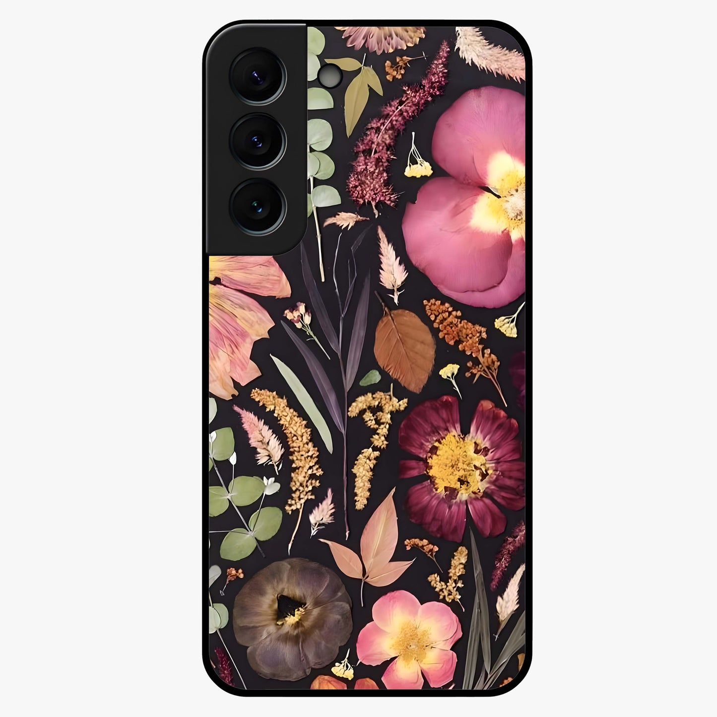 Petal Dream Tapestry Glass Case showing flat back view with intricate floral tapestry artwork and glossy glass finish.
