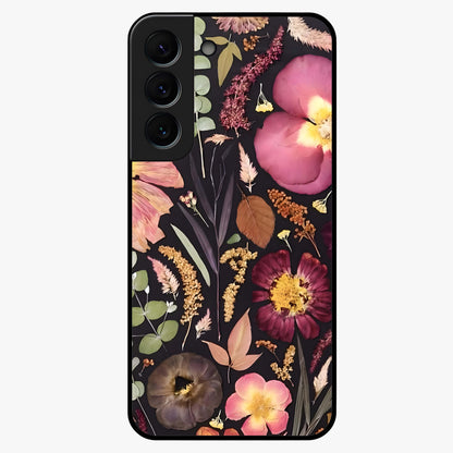 Petal Dream Tapestry Glass Case showing flat back view with intricate floral tapestry artwork and glossy glass finish.