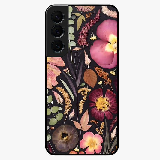 Petal Dream Tapestry Glass Case showing flat back view with intricate floral tapestry artwork and glossy glass finish.