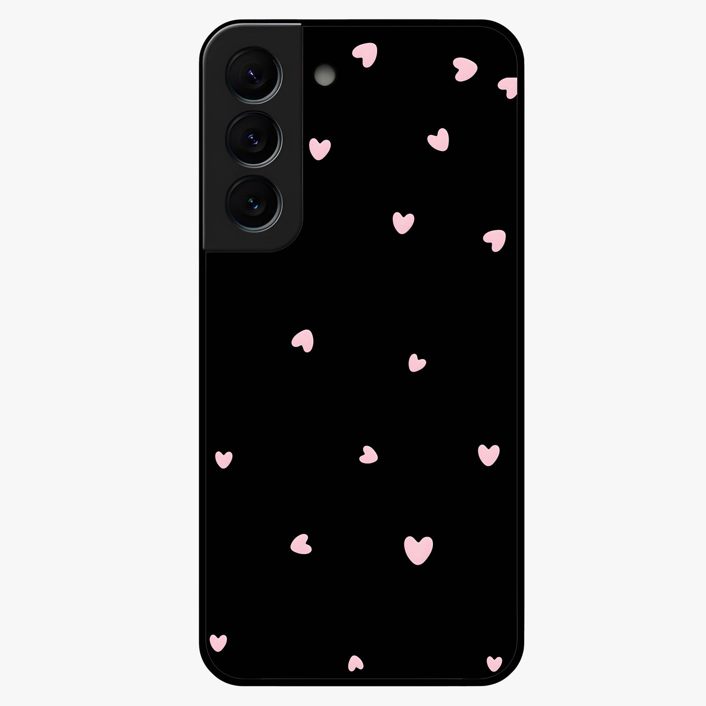 Pink Love Drops Glass Case showing flat back view with playful pink heart drops artwork and glossy glass finish.