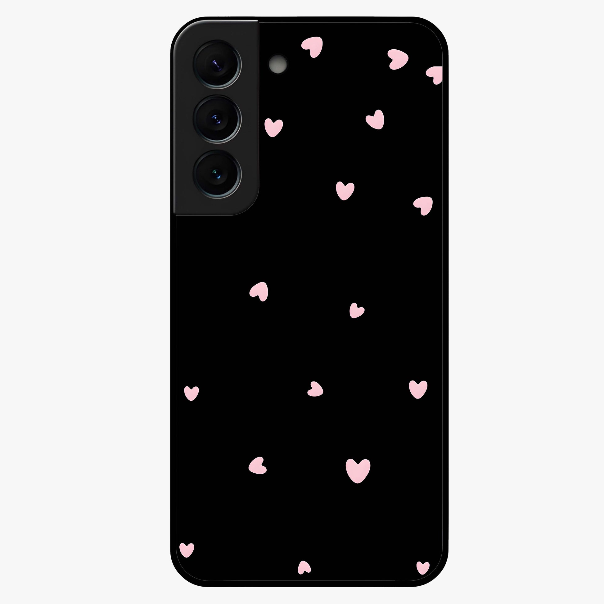 Pink Love Drops Glass Case showing flat back view with playful pink heart drops artwork and glossy glass finish.