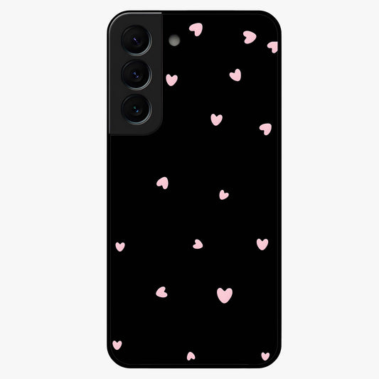 Pink Love Drops Glass Case showing flat back view with playful pink heart drops artwork and glossy glass finish.
