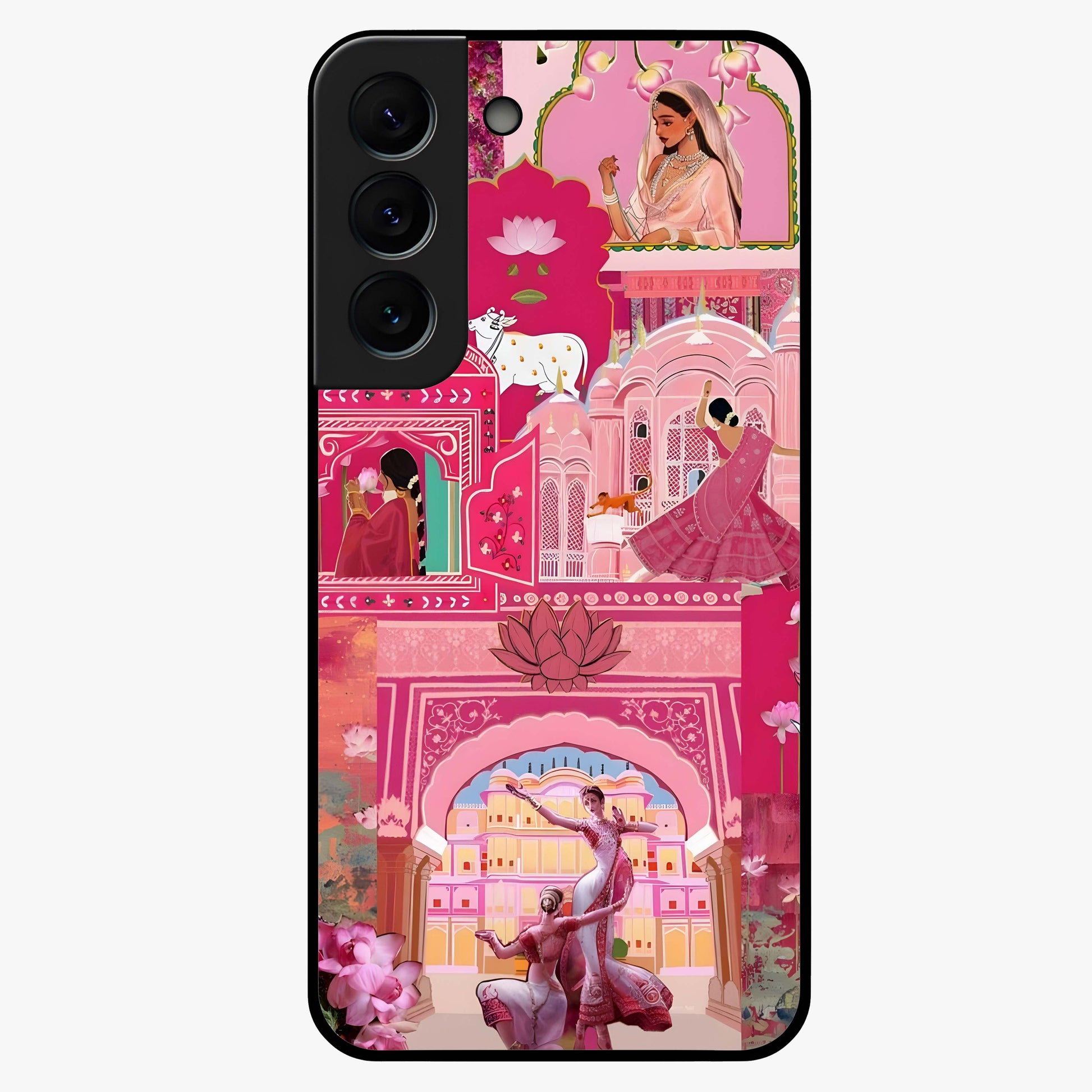 Pink Palace Muse Glass Case showing flat back view with elegant palace inspired artwork and glossy glass finish.