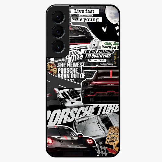 Porsche Racing Collage Glass Case showing flat back view with sports car racing collage artwork and glossy glass finish.