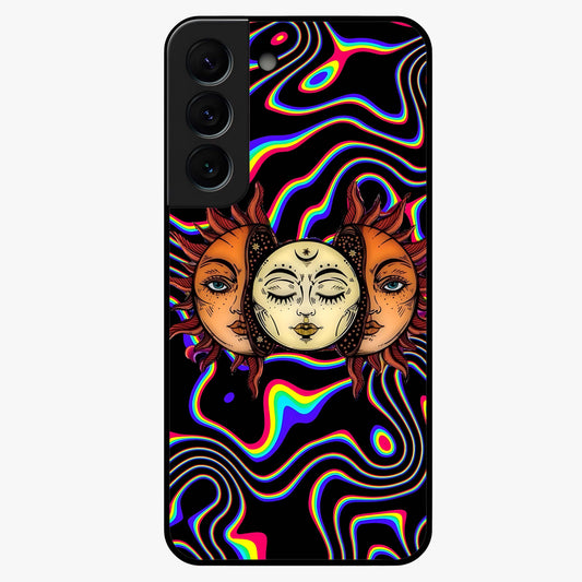 Psychedelic Sun Glass Case showing flat back view with colorful psychedelic sun artwork and glossy glass finish.