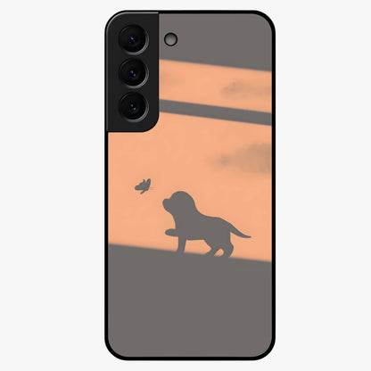 Puppy Shadow Art Glass Case showing flat back view with cute puppy shadow style artwork and glossy glass finish.