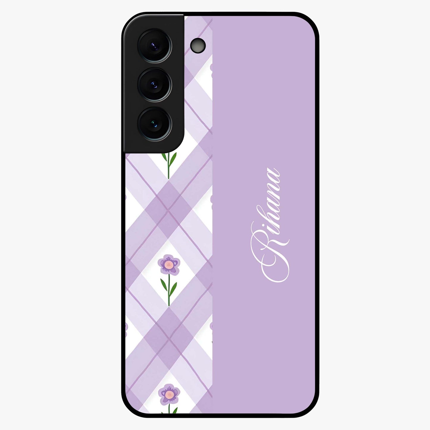 Purple Diamond Floral Glass Case showing flat back view with diamond shaped floral artwork and glossy glass finish.