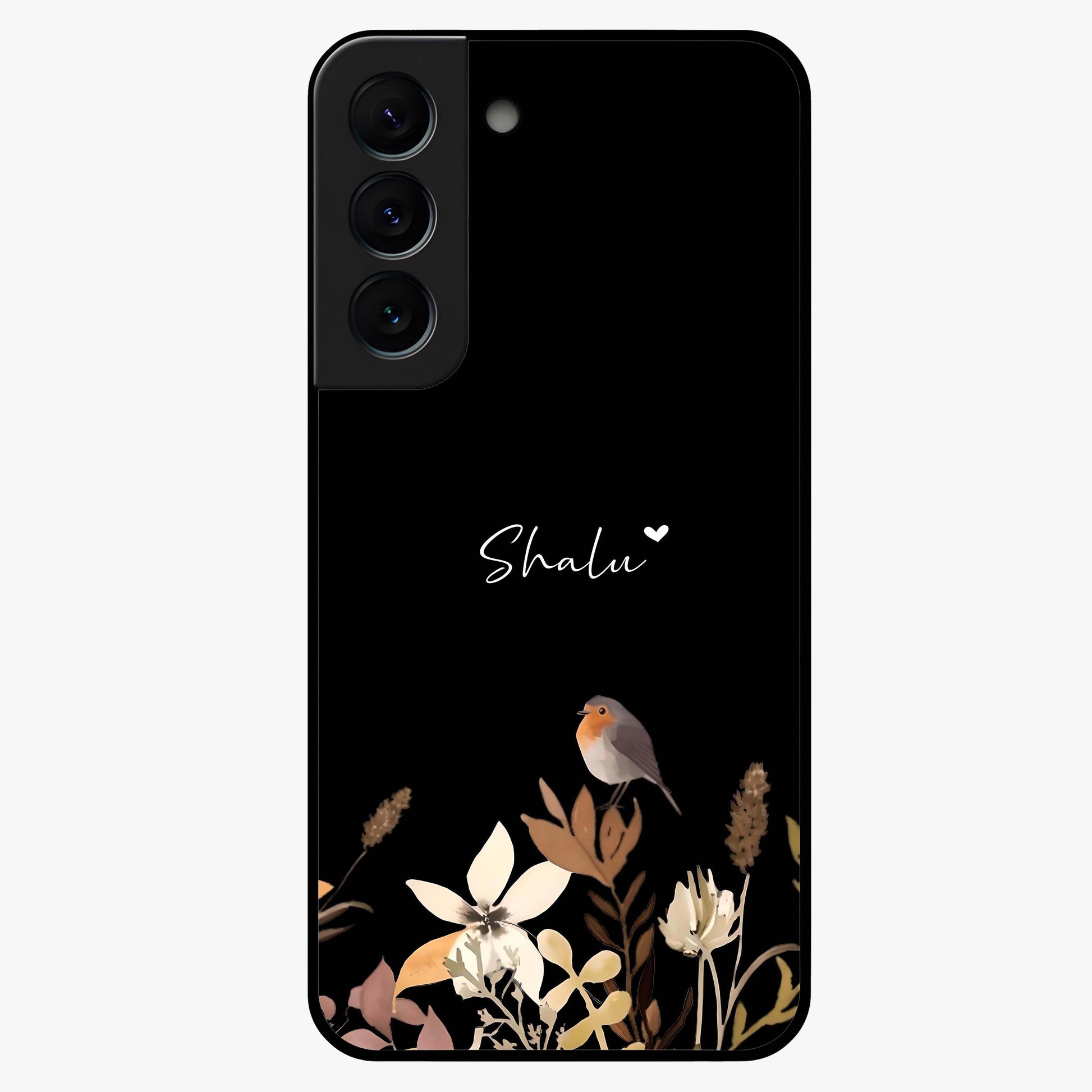Quiet Garden Tune Custom Name Glass Case showing flat back view with peaceful garden artwork and personalized name design.