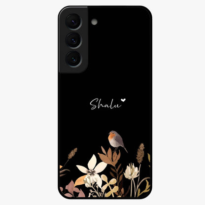 Quiet Garden Tune Custom Name Glass Case showing flat back view with peaceful garden artwork and personalized name design.