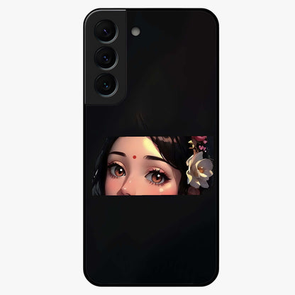 Radha Divine Embrace Glass Case showing flat back view with devotional Radha artwork and glossy glass finish.