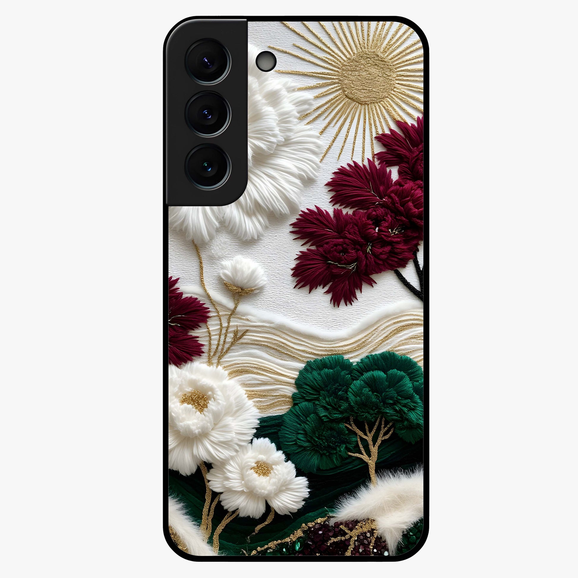 Radiant Bloom Elegance Glass Case showing flat back view with elegant blooming flower artwork and glossy glass finish.