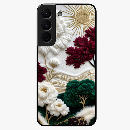 Radiant Bloom Elegance Glass Case showing flat back view with elegant blooming flower artwork and glossy glass finish.