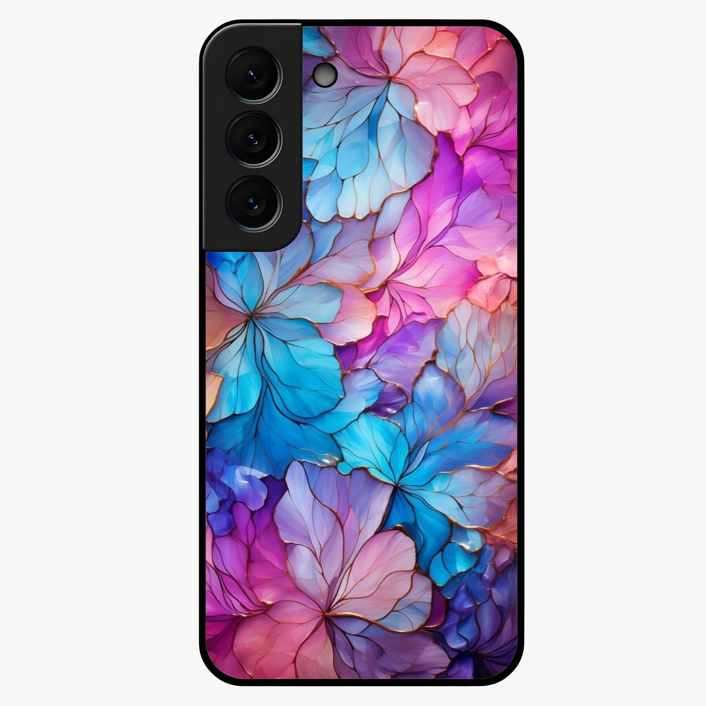 Radiant Floral Whirl Glass Case showing flat back view with swirling floral artwork and glossy glass finish.