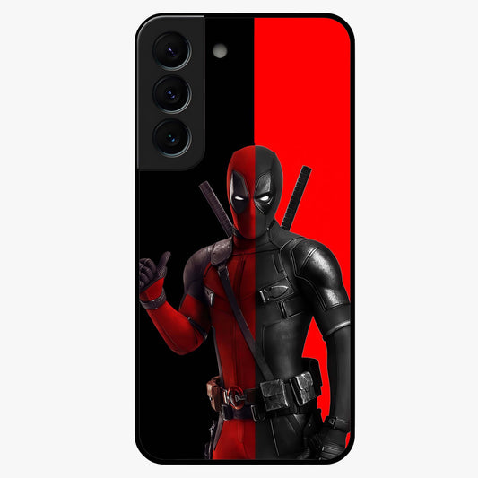 Red & Black Deadpool Theme Glass Case showing flat back view with bold comic inspired artwork and glossy glass finish.