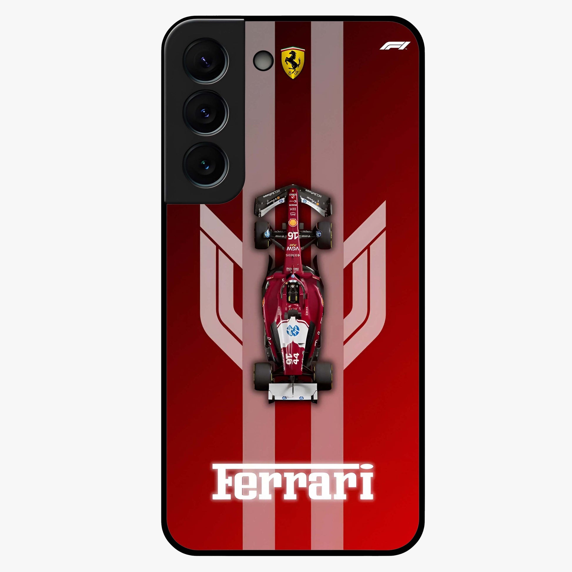 Red Ferrari F1 Vertical Glass Case showing flat back view with sleek Formula racing car artwork and glossy glass finish.