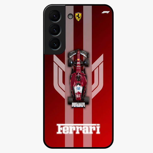 Red Ferrari F1 Vertical Glass Case showing flat back view with sleek Formula racing car artwork and glossy glass finish.
