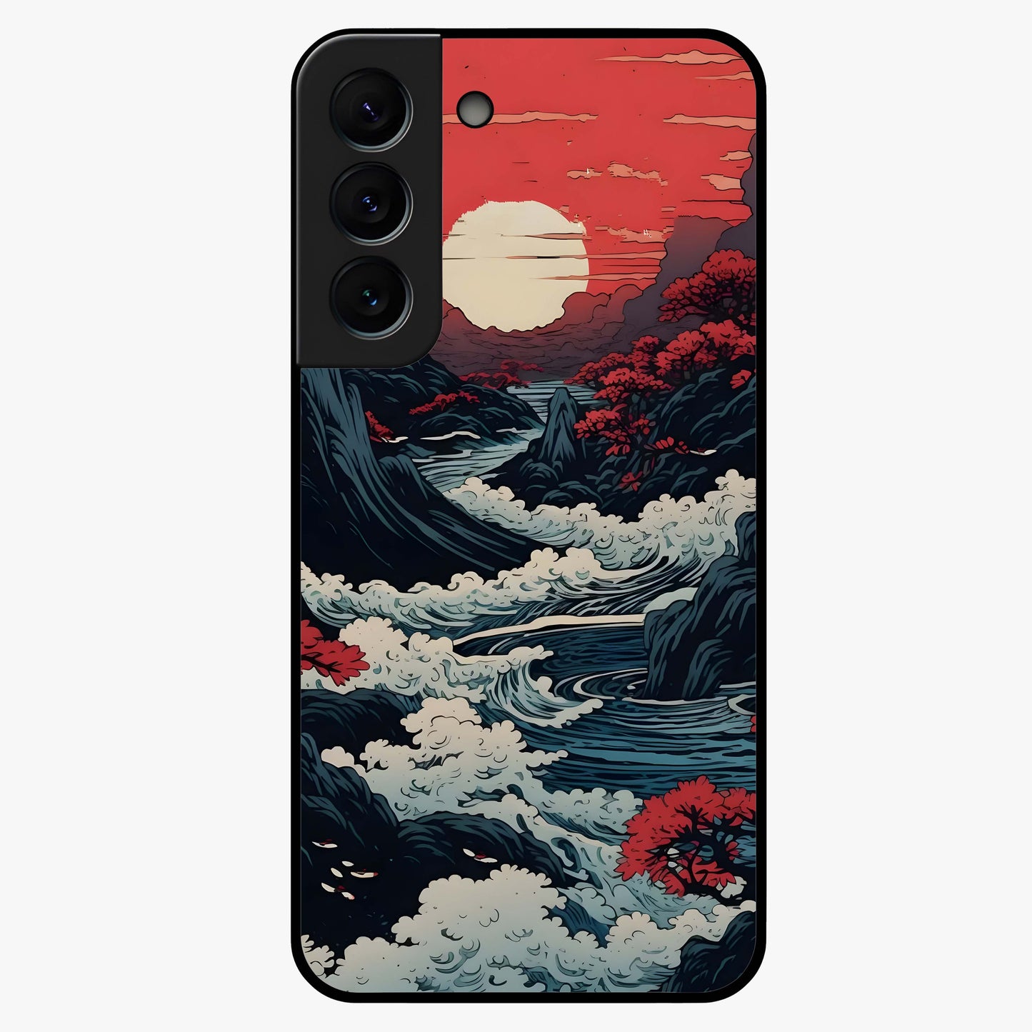 Red Sunset Scenery Glass Case showing flat back view with vibrant sunset landscape artwork and glossy glass finish.