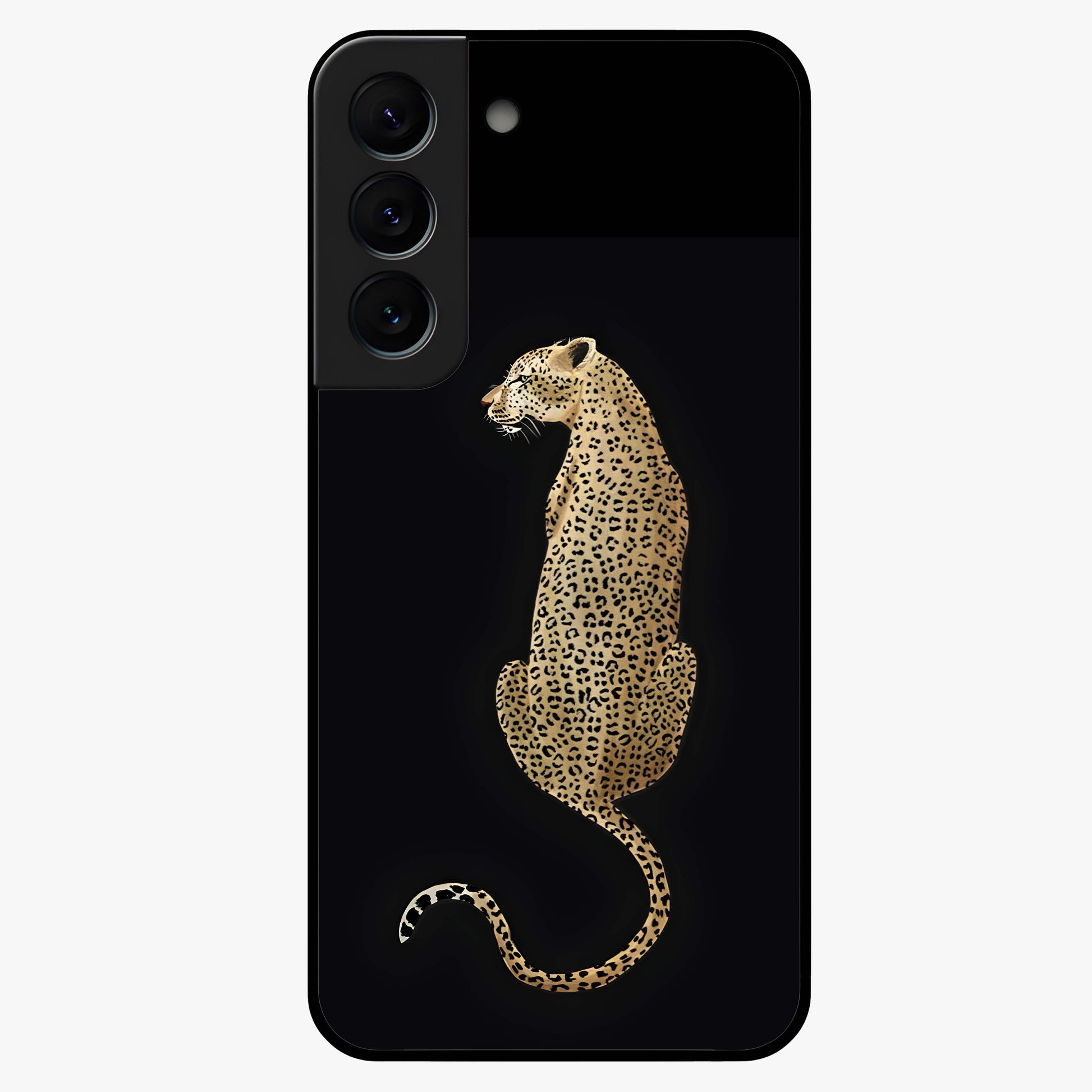 Regal Leopard Glass Case showing flat back view with bold leopard artwork and glossy glass finish.