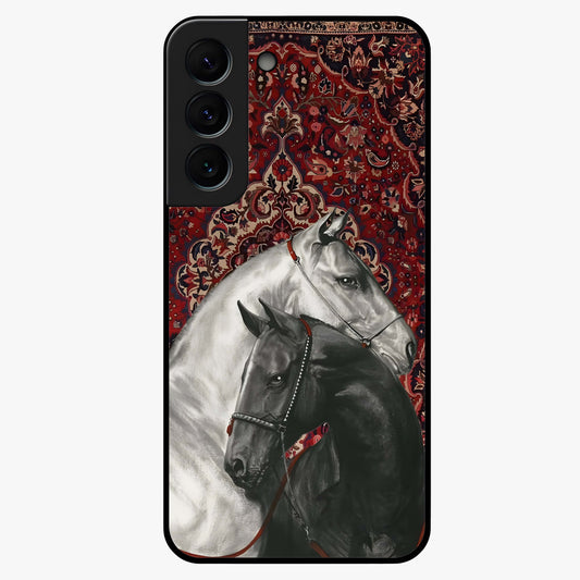 Regal Stallion Tapestry Glass Case showing flat back view with majestic horse tapestry artwork and glossy glass finish.