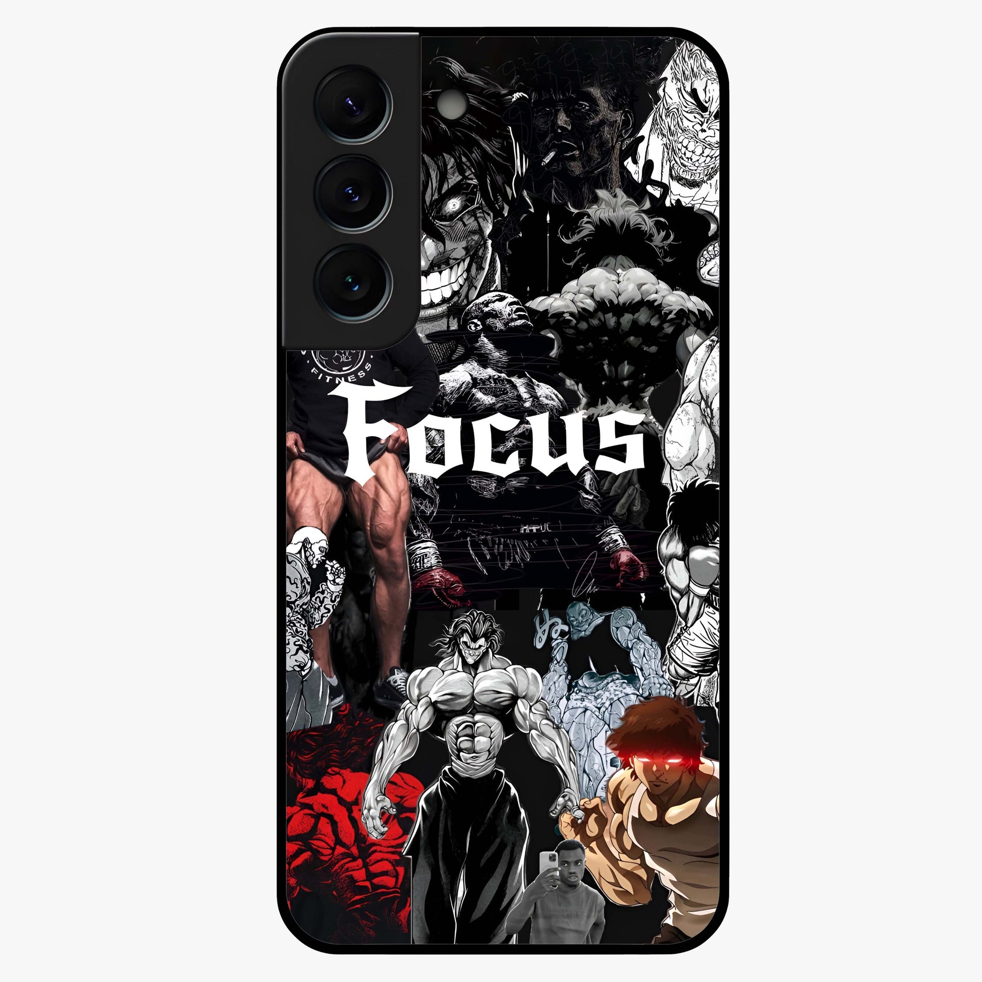 Relentless Power Focus Glass Case showing flat back view with motivational typography artwork and glossy glass finish.