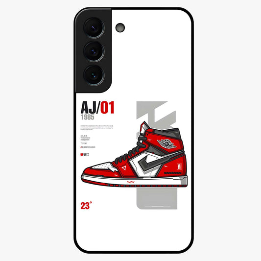 Retro Sneaker Blueprint Glass Case showing flat back view with sneaker blueprint style artwork and glossy glass finish.