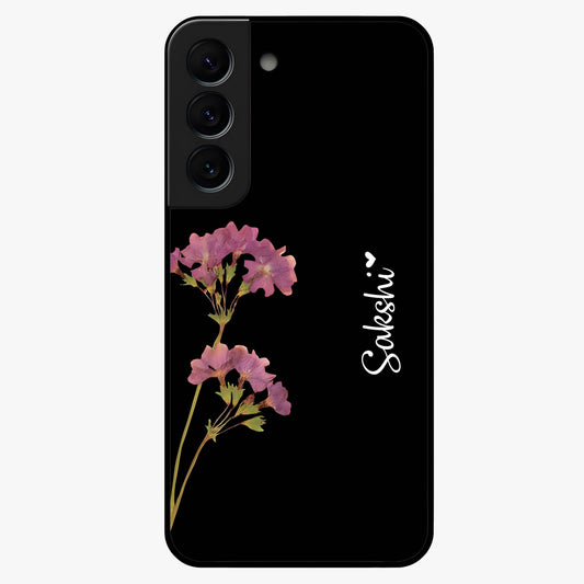 Riching Lavender Flower Custom Name Glass Case showing flat back view with lavender floral artwork and personalized name design.