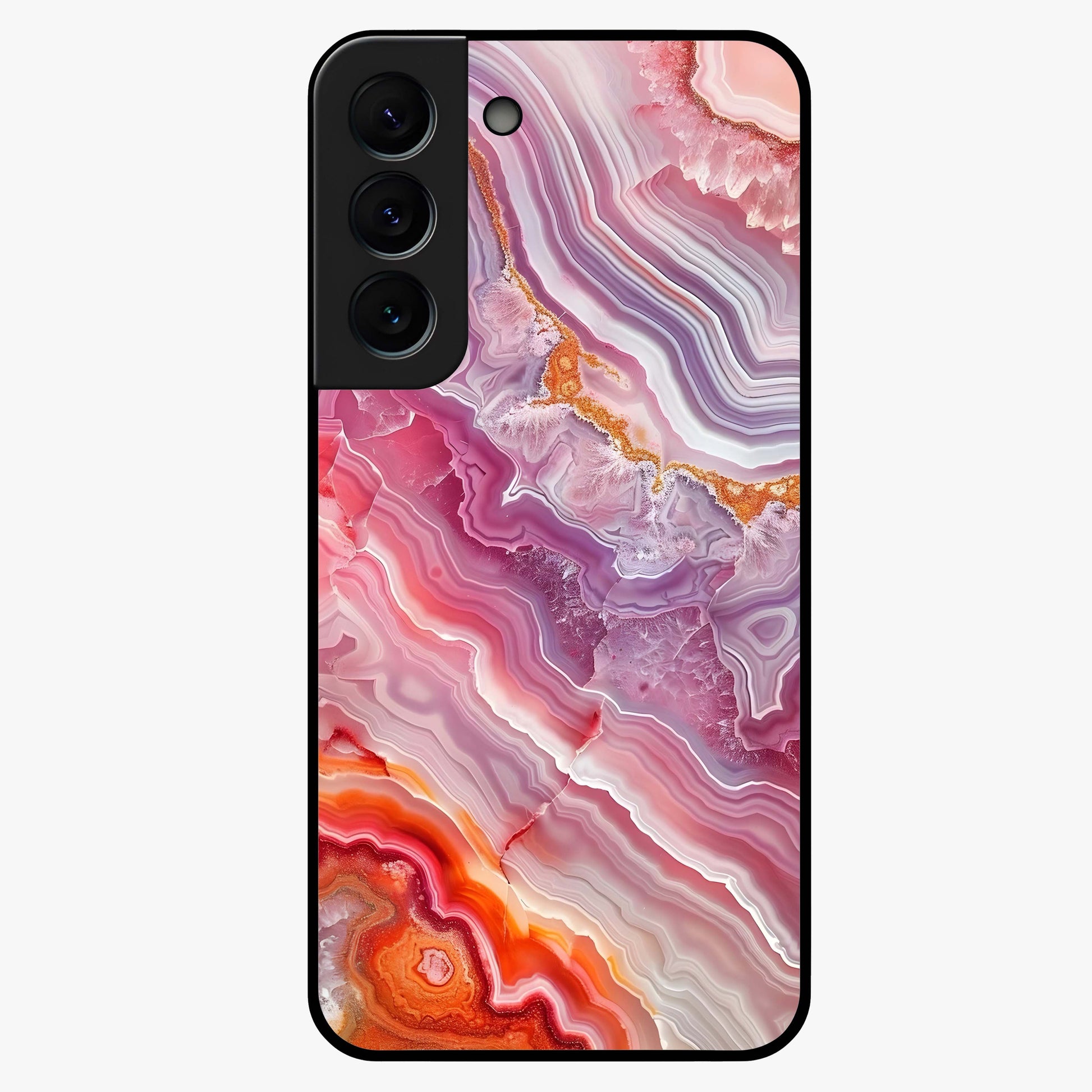Rose Quartz Marble Glass Case showing flat back view with pink marble quartz texture artwork and glossy glass finish.