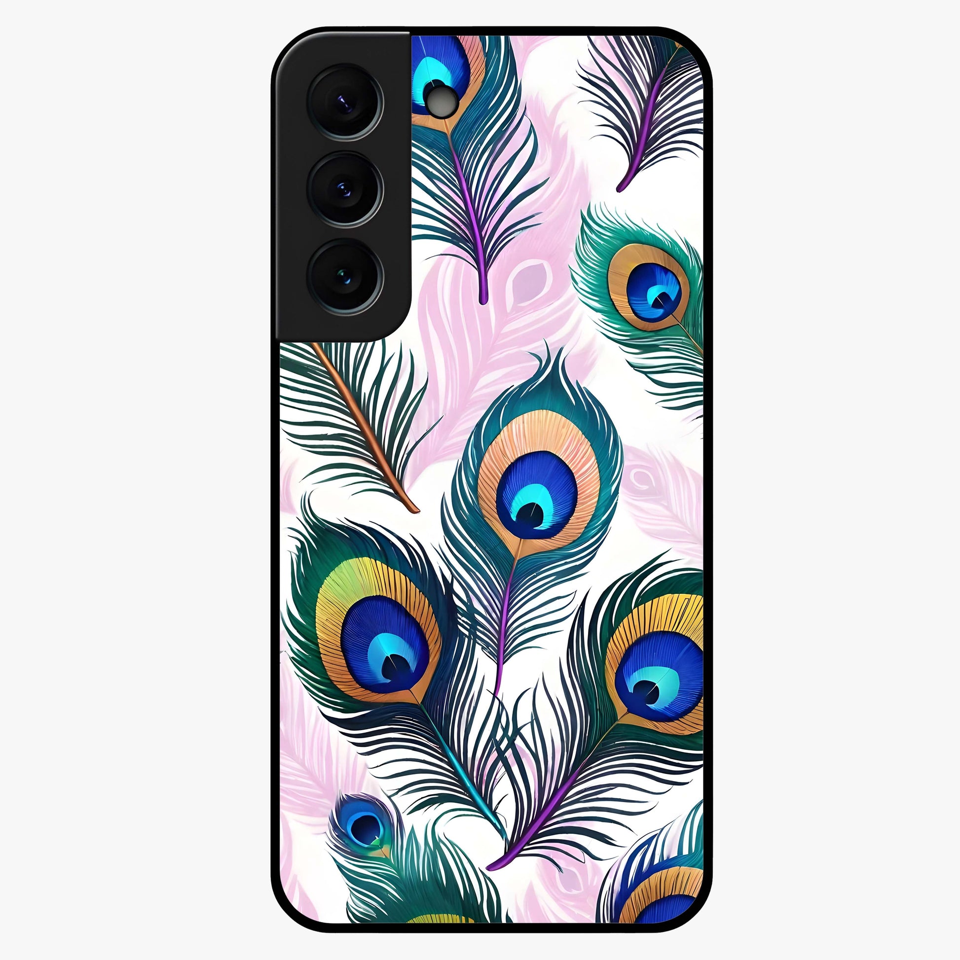 Royal Peacock Feathers Glass Case showing flat back view with colorful peacock feather artwork and glossy glass finish.