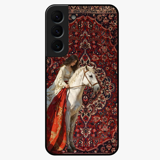 Royal Rider Tapestry Glass Case showing flat back view with majestic horse rider tapestry artwork and glossy glass finish.